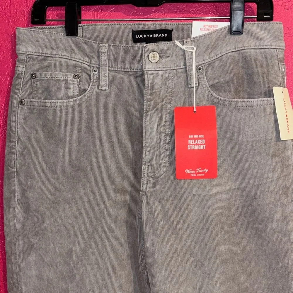 NWT Lucky Brand Boy midrise relaxed straight leg grey corduroys. Sz 28/6 regular